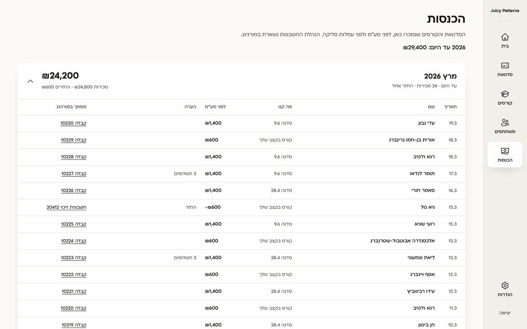 The income screen, in Hebrew, with sample data: payments and refunds by month
