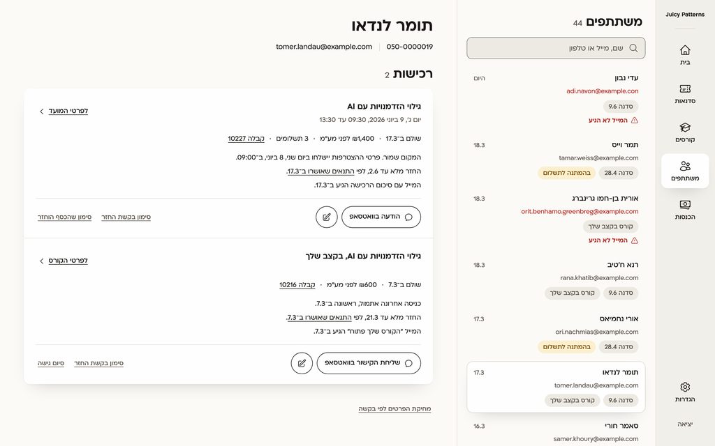 The participants screen, in Hebrew, with sample data: the list, and beside it one person's page with every purchase