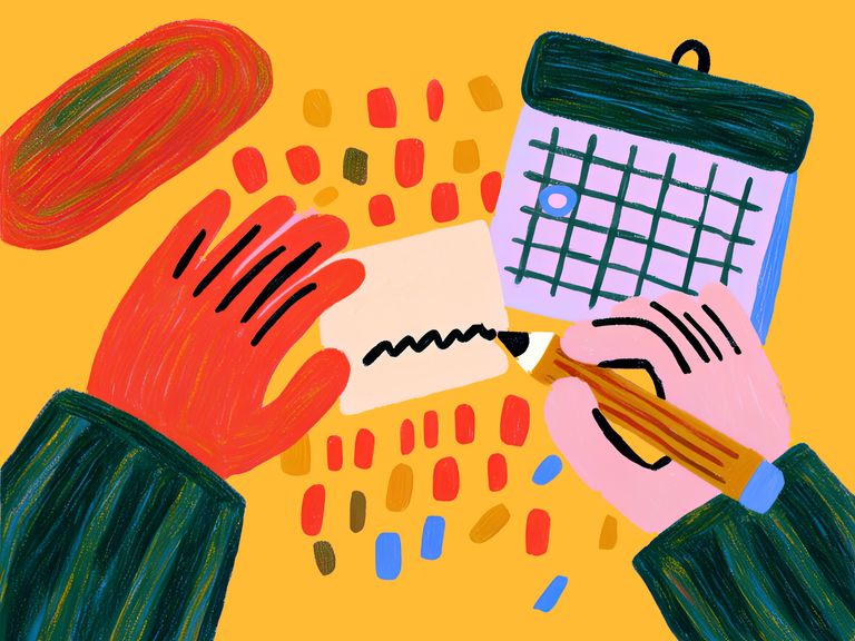 Flat colourful illustration: a hand writing a note beside a wall calendar with one day circled, on a golden yellow ground
