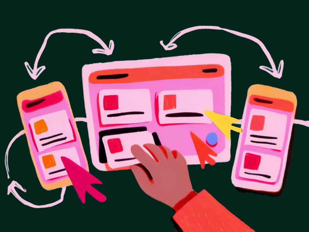 Flat colourful illustration: three app screens laid out side by side, a tablet between two phones, with arrows looping between them, pointers at work and a hand placing a card, on a deep green ground