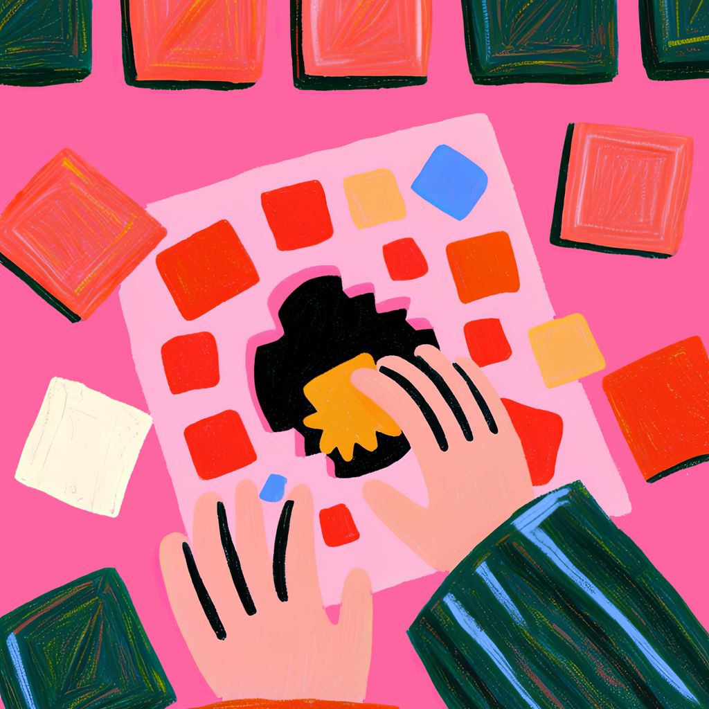 Flat colourful illustration: two hands fitting one dark, oddly shaped piece into a sheet of coloured squares, with ready-made tiles of every size scattered around, on a hot pink ground