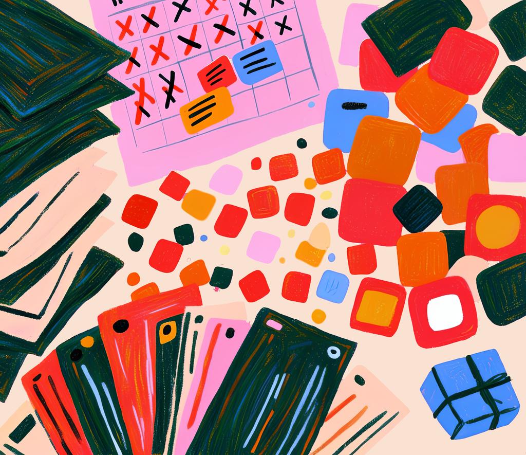 Flat colourful illustration: the mess a business runs on, a calendar full of crosses, sticky notes, a spill of coloured app tiles, stacked folders and phones, on a cream ground