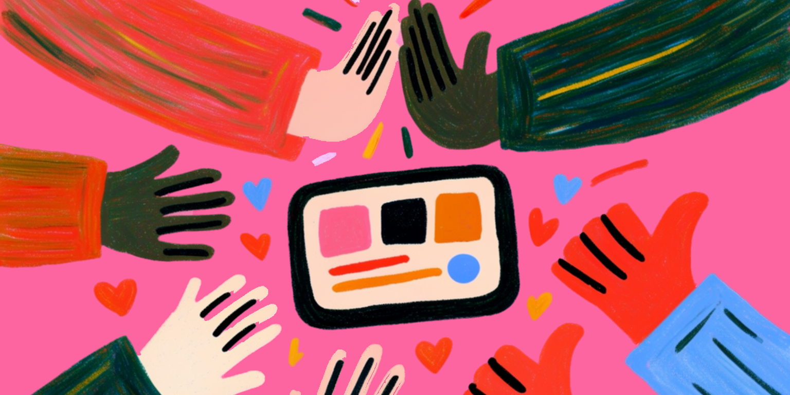 Flat colourful illustration: a team's hands raised in a high five around one app on a tablet, a thumbs up, hearts and confetti, on a hot pink ground